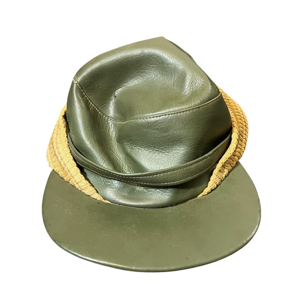 Vintage Leather Hunting Cap Mens 7 1/8 Green Quilted Lining Ear Flaps Hat